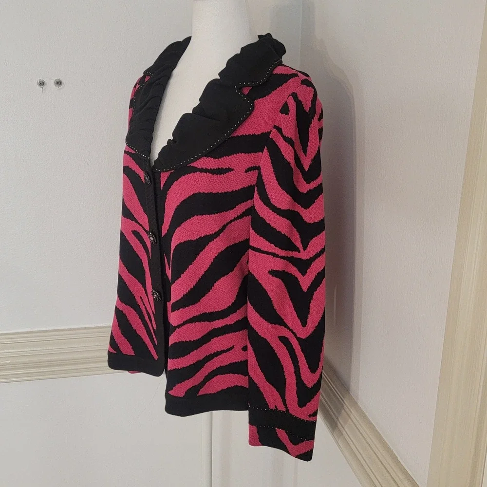 Toula Zebra Print Knit Blazer Jacket Ruffle Collar Embellished Buttons Womens 10